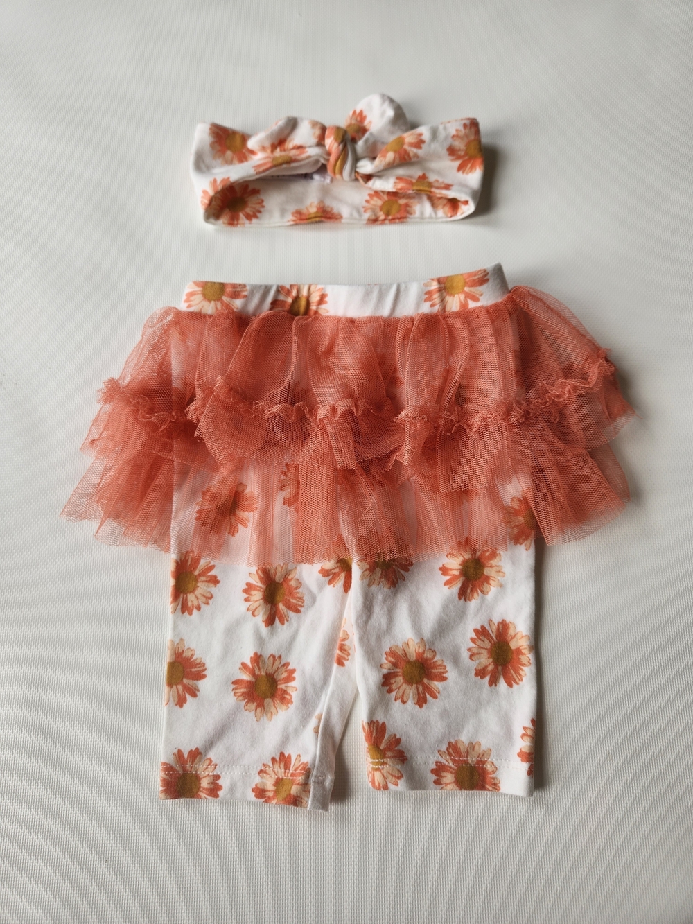 Girls Floral Orange Tulle Skirted Leggings with Headband And Daisies Pattern